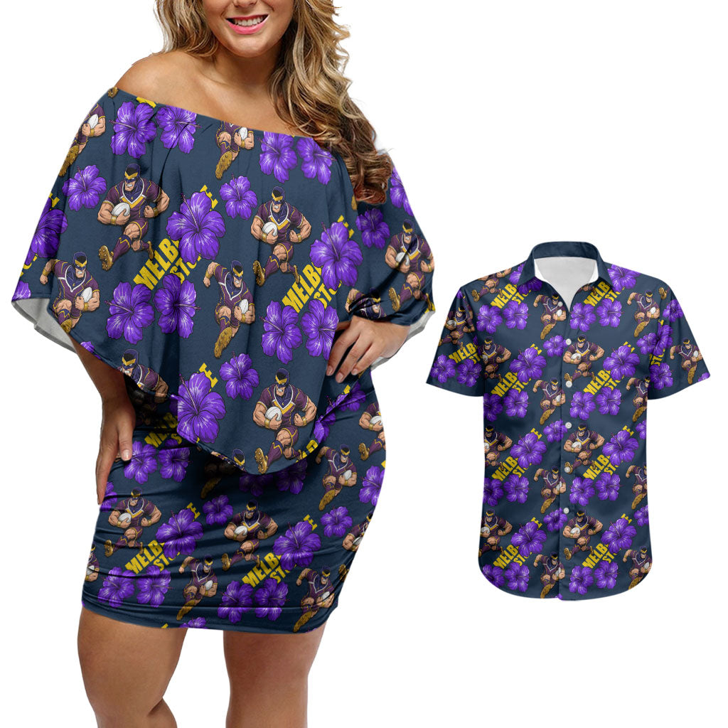 Melbourne Storm Couples Matching Off Shoulder Short Dress and Hawaiian Shirt Tropical Hibiscus Floral Seamless Rugby Mascot