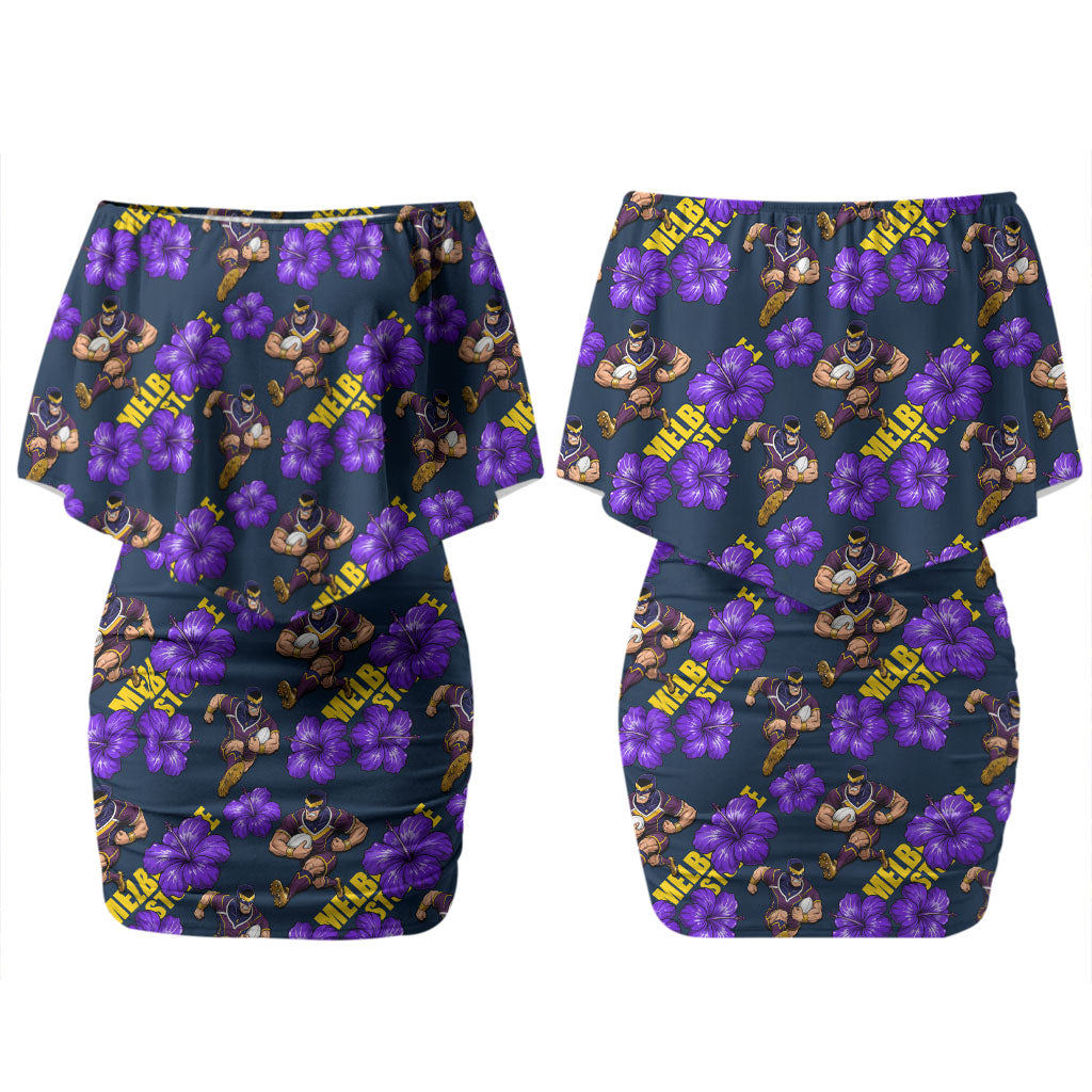 Melbourne Storm Couples Matching Off Shoulder Short Dress and Hawaiian Shirt Tropical Hibiscus Floral Seamless Rugby Mascot