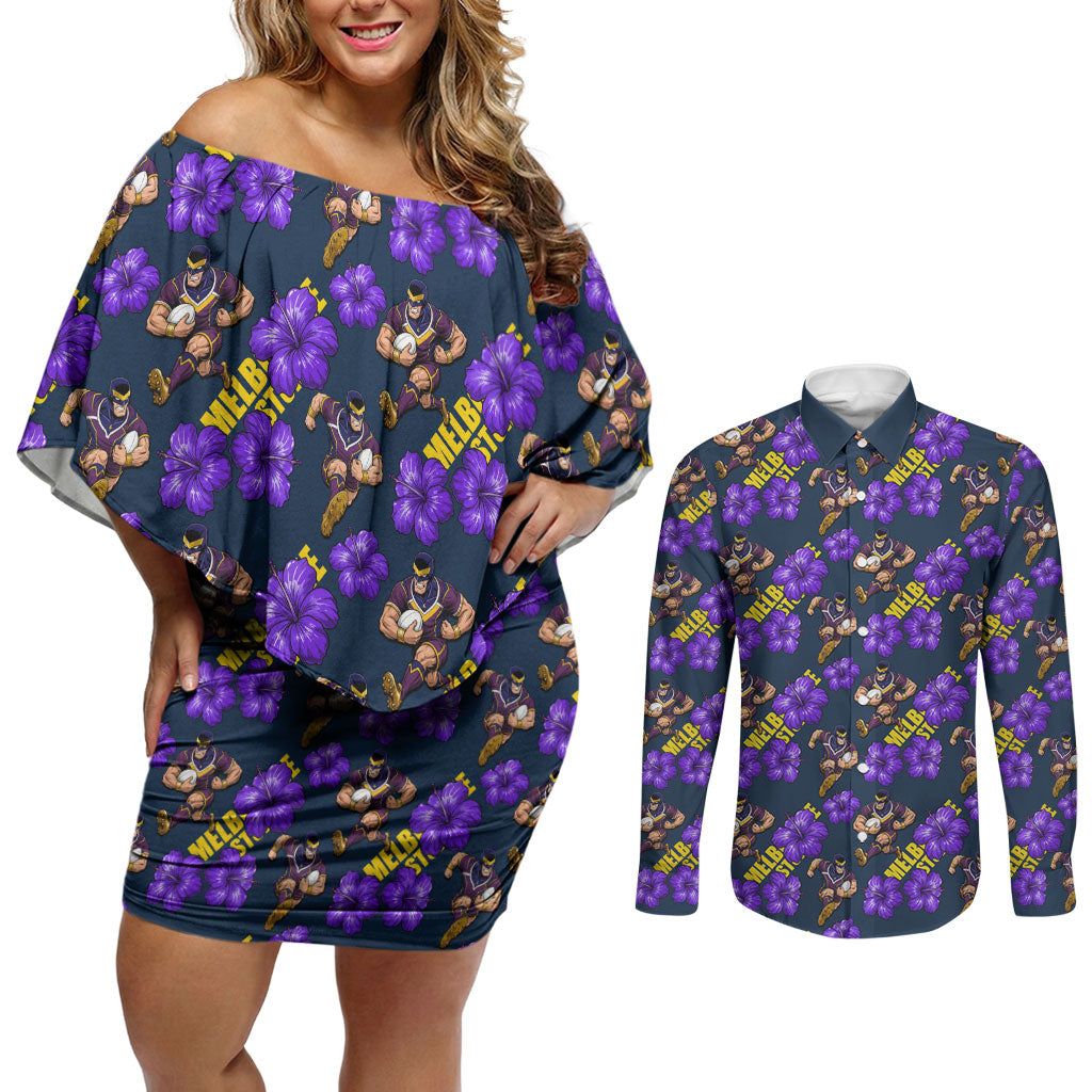 Melbourne Storm Couples Matching Off Shoulder Short Dress and Long Sleeve Button Shirt Tropical Hibiscus Floral Seamless Rugby Mascot