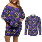 Melbourne Storm Couples Matching Off Shoulder Short Dress and Long Sleeve Button Shirt Tropical Hibiscus Floral Seamless Rugby Mascot