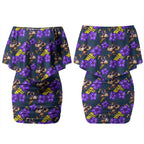 Melbourne Storm Couples Matching Off Shoulder Short Dress and Long Sleeve Button Shirt Tropical Hibiscus Floral Seamless Rugby Mascot