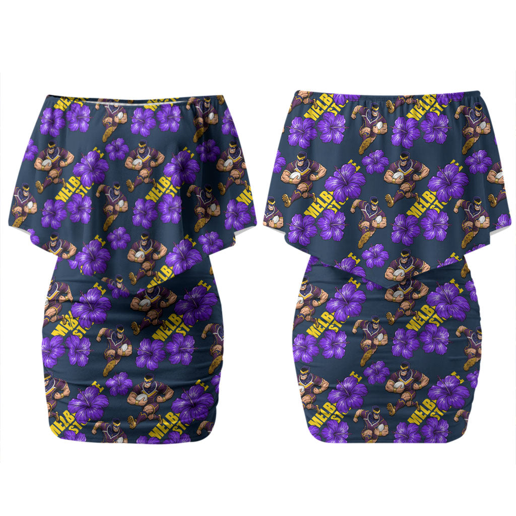 Melbourne Storm Couples Matching Off Shoulder Short Dress and Long Sleeve Button Shirt Tropical Hibiscus Floral Seamless Rugby Mascot