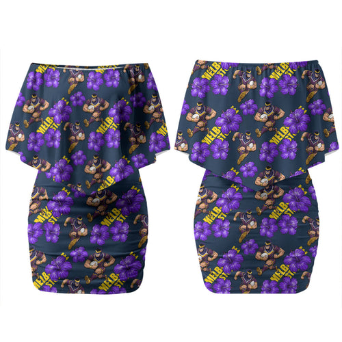 Melbourne Storm Couples Matching Off Shoulder Short Dress and Long Sleeve Button Shirt Tropical Hibiscus Floral Seamless Rugby Mascot
