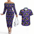 Melbourne Storm Couples Matching Off The Shoulder Long Sleeve Dress and Hawaiian Shirt Tropical Hibiscus Floral Seamless Rugby Mascot