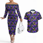 Melbourne Storm Couples Matching Off The Shoulder Long Sleeve Dress and Hawaiian Shirt Tropical Hibiscus Floral Seamless Rugby Mascot