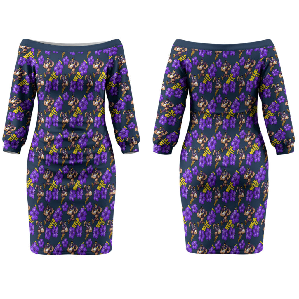 Melbourne Storm Couples Matching Off The Shoulder Long Sleeve Dress and Hawaiian Shirt Tropical Hibiscus Floral Seamless Rugby Mascot