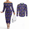 Melbourne Storm Couples Matching Off The Shoulder Long Sleeve Dress and Long Sleeve Button Shirt Tropical Hibiscus Floral Seamless Rugby Mascot