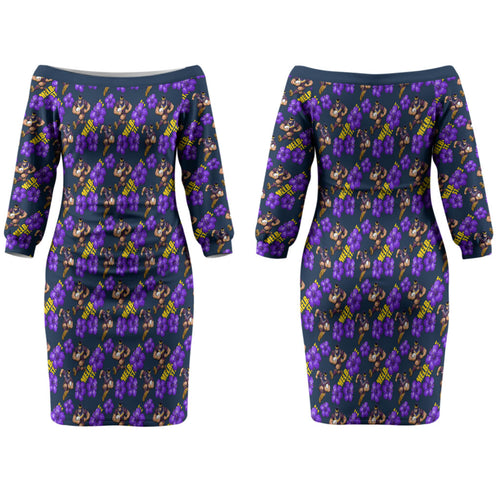 Melbourne Storm Couples Matching Off The Shoulder Long Sleeve Dress and Long Sleeve Button Shirt Tropical Hibiscus Floral Seamless Rugby Mascot