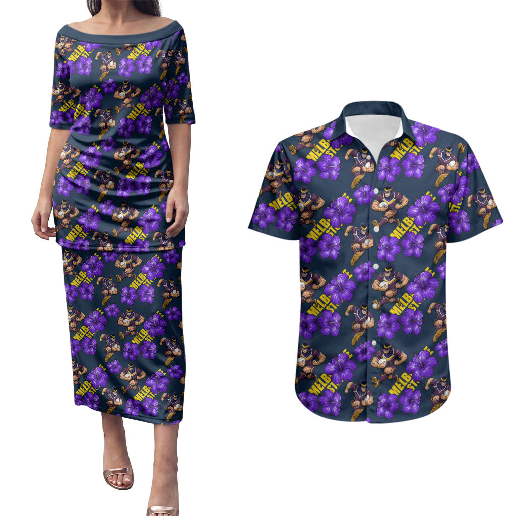 Melbourne Storm Couples Matching Puletasi and Hawaiian Shirt Tropical Hibiscus Floral Seamless Rugby Mascot