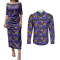 Melbourne Storm Couples Matching Puletasi and Long Sleeve Button Shirt Tropical Hibiscus Floral Seamless Rugby Mascot