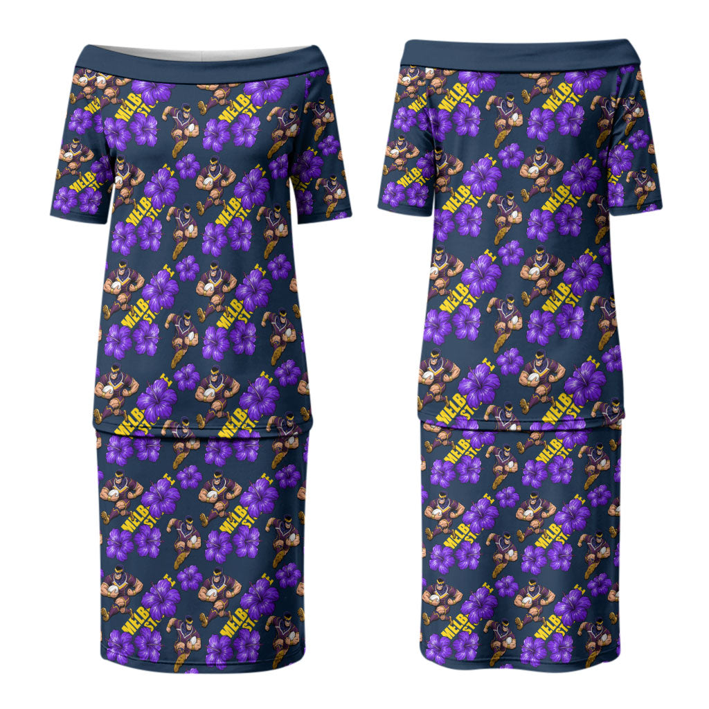 Melbourne Storm Couples Matching Puletasi and Long Sleeve Button Shirt Tropical Hibiscus Floral Seamless Rugby Mascot