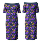 Melbourne Storm Couples Matching Puletasi and Long Sleeve Button Shirt Tropical Hibiscus Floral Seamless Rugby Mascot