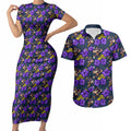 Melbourne Storm Couples Matching Short Sleeve Bodycon Dress and Hawaiian Shirt Tropical Hibiscus Floral Seamless Rugby Mascot
