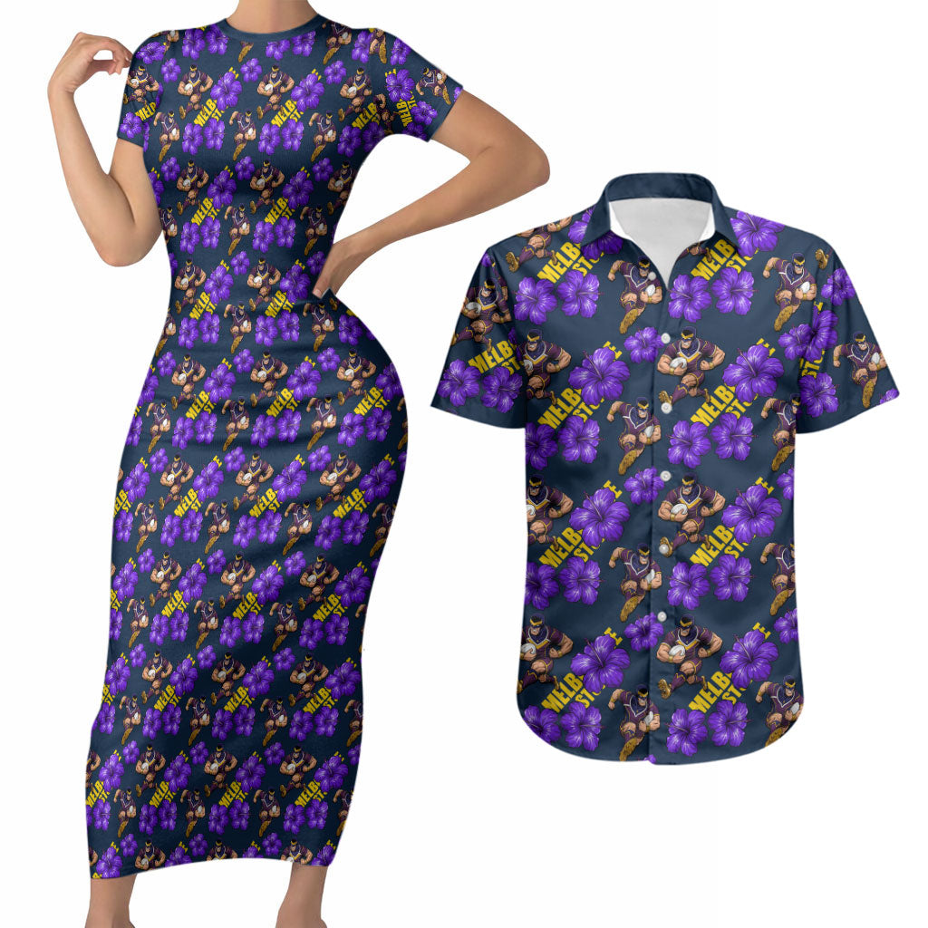 Melbourne Storm Couples Matching Short Sleeve Bodycon Dress and Hawaiian Shirt Tropical Hibiscus Floral Seamless Rugby Mascot