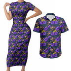 Melbourne Storm Couples Matching Short Sleeve Bodycon Dress and Hawaiian Shirt Tropical Hibiscus Floral Seamless Rugby Mascot