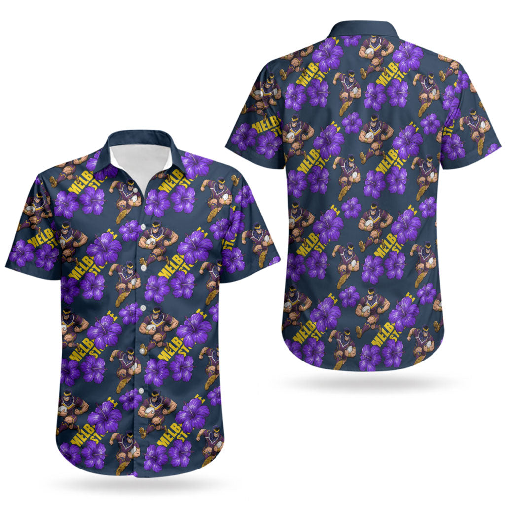 Melbourne Storm Couples Matching Short Sleeve Bodycon Dress and Hawaiian Shirt Tropical Hibiscus Floral Seamless Rugby Mascot