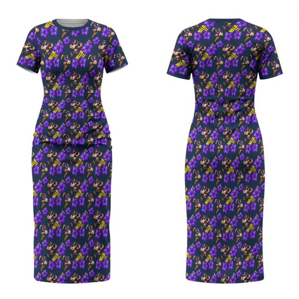 Melbourne Storm Couples Matching Short Sleeve Bodycon Dress and Hawaiian Shirt Tropical Hibiscus Floral Seamless Rugby Mascot