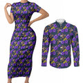 Melbourne Storm Couples Matching Short Sleeve Bodycon Dress and Long Sleeve Button Shirt Tropical Hibiscus Floral Seamless Rugby Mascot