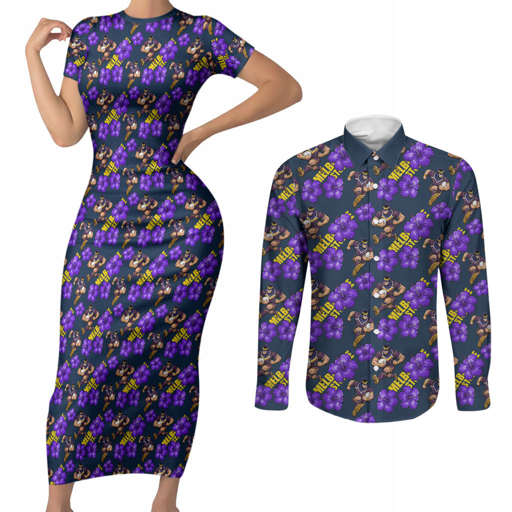Melbourne Storm Couples Matching Short Sleeve Bodycon Dress and Long Sleeve Button Shirt Tropical Hibiscus Floral Seamless Rugby Mascot