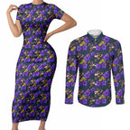 Melbourne Storm Couples Matching Short Sleeve Bodycon Dress and Long Sleeve Button Shirt Tropical Hibiscus Floral Seamless Rugby Mascot