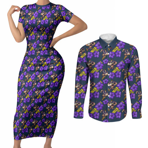 Melbourne Storm Couples Matching Short Sleeve Bodycon Dress and Long Sleeve Button Shirt Tropical Hibiscus Floral Seamless Rugby Mascot