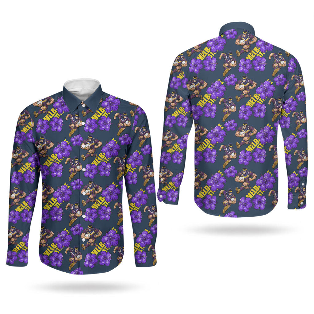 Melbourne Storm Couples Matching Short Sleeve Bodycon Dress and Long Sleeve Button Shirt Tropical Hibiscus Floral Seamless Rugby Mascot