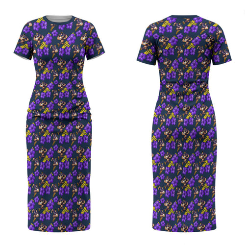 Melbourne Storm Couples Matching Short Sleeve Bodycon Dress and Long Sleeve Button Shirt Tropical Hibiscus Floral Seamless Rugby Mascot