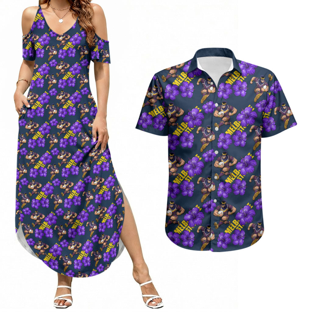 Melbourne Storm Couples Matching Summer Maxi Dress and Hawaiian Shirt Tropical Hibiscus Floral Seamless Rugby Mascot