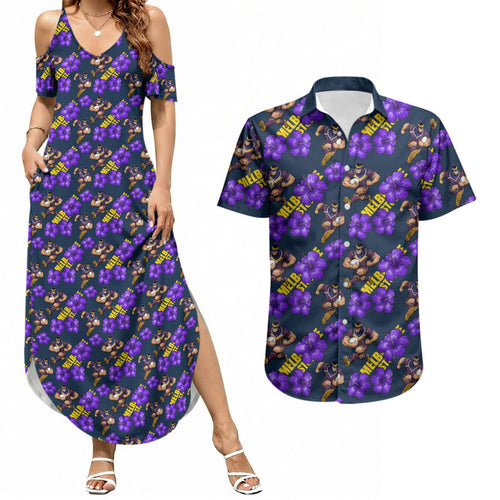 Melbourne Storm Couples Matching Summer Maxi Dress and Hawaiian Shirt Tropical Hibiscus Floral Seamless Rugby Mascot