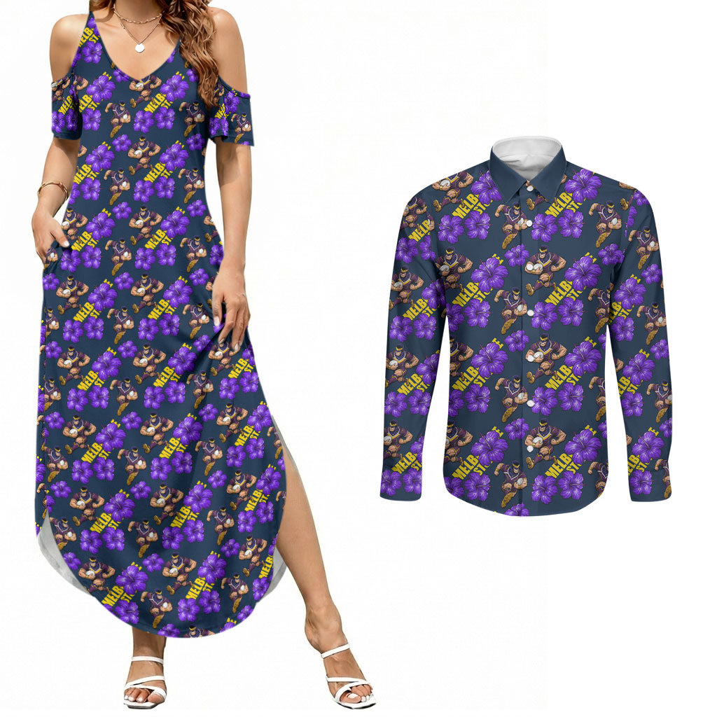 Melbourne Storm Couples Matching Summer Maxi Dress and Long Sleeve Button Shirt Tropical Hibiscus Floral Seamless Rugby Mascot
