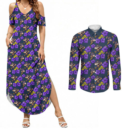 Melbourne Storm Couples Matching Summer Maxi Dress and Long Sleeve Button Shirt Tropical Hibiscus Floral Seamless Rugby Mascot