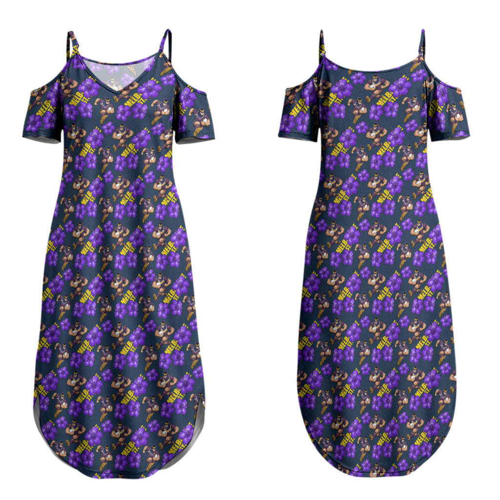 Melbourne Storm Couples Matching Summer Maxi Dress and Long Sleeve Button Shirt Tropical Hibiscus Floral Seamless Rugby Mascot