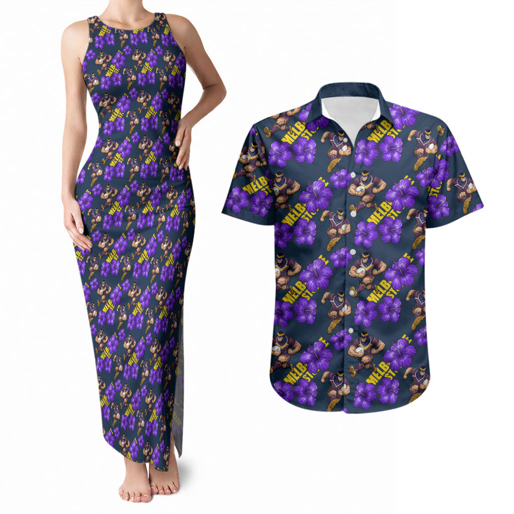 Melbourne Storm Couples Matching Tank Maxi Dress and Hawaiian Shirt Tropical Hibiscus Floral Seamless Rugby Mascot