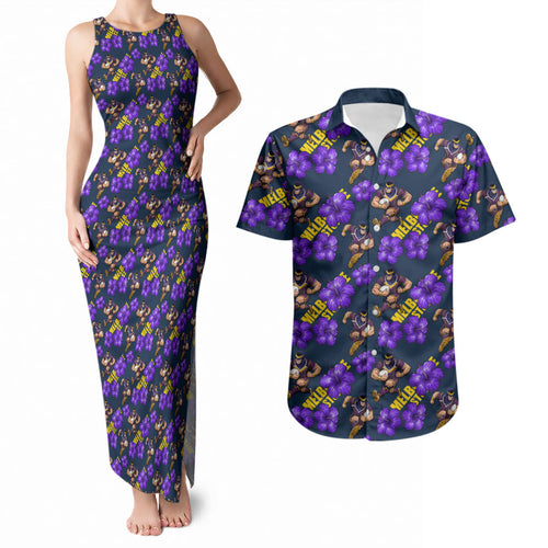 Melbourne Storm Couples Matching Tank Maxi Dress and Hawaiian Shirt Tropical Hibiscus Floral Seamless Rugby Mascot