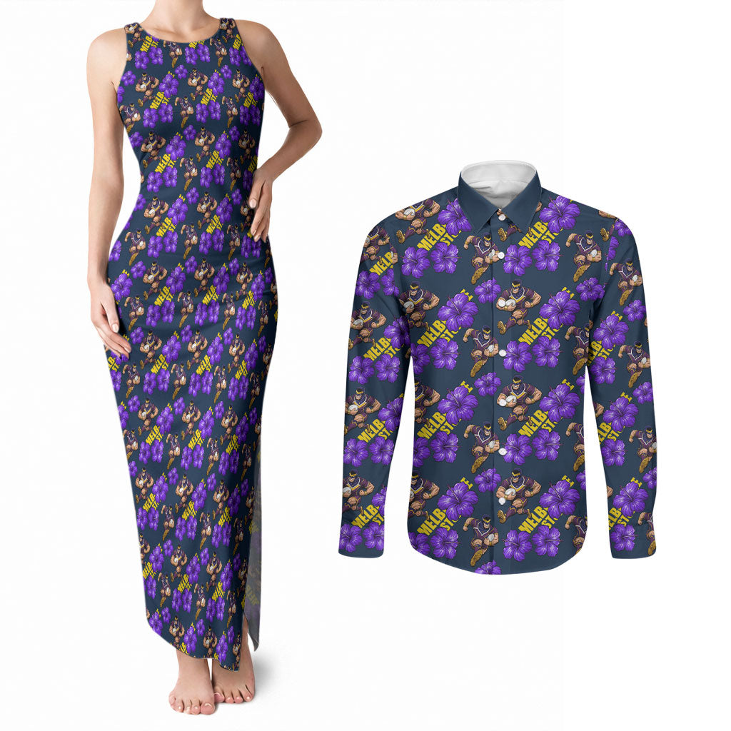 Melbourne Storm Couples Matching Tank Maxi Dress and Long Sleeve Button Shirt Tropical Hibiscus Floral Seamless Rugby Mascot