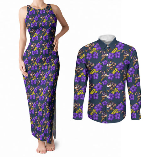 Melbourne Storm Couples Matching Tank Maxi Dress and Long Sleeve Button Shirt Tropical Hibiscus Floral Seamless Rugby Mascot