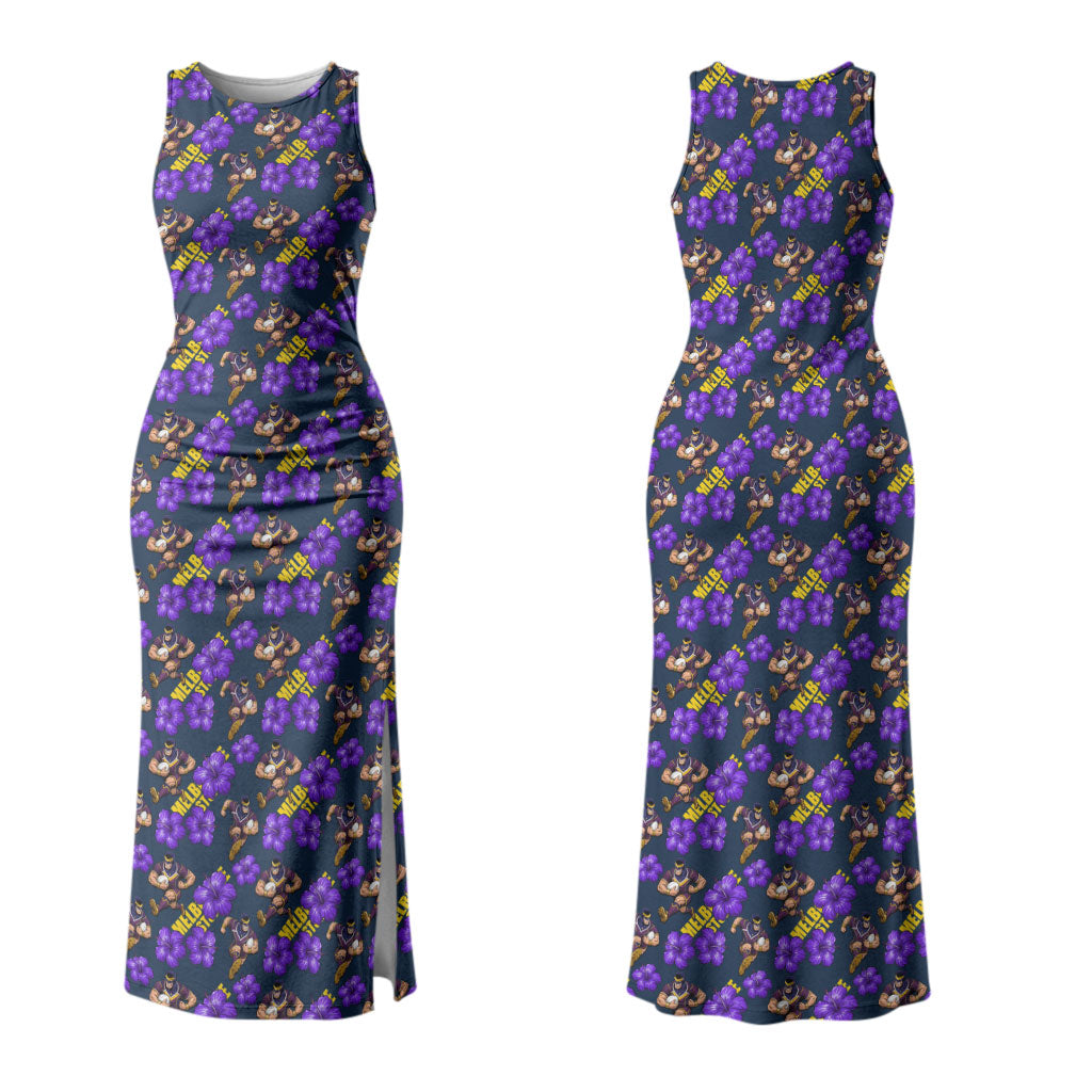 Melbourne Storm Couples Matching Tank Maxi Dress and Long Sleeve Button Shirt Tropical Hibiscus Floral Seamless Rugby Mascot