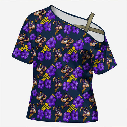Melbourne Storm Cross Shoulder Shirt Tropical Hibiscus Floral Seamless Rugby Mascot