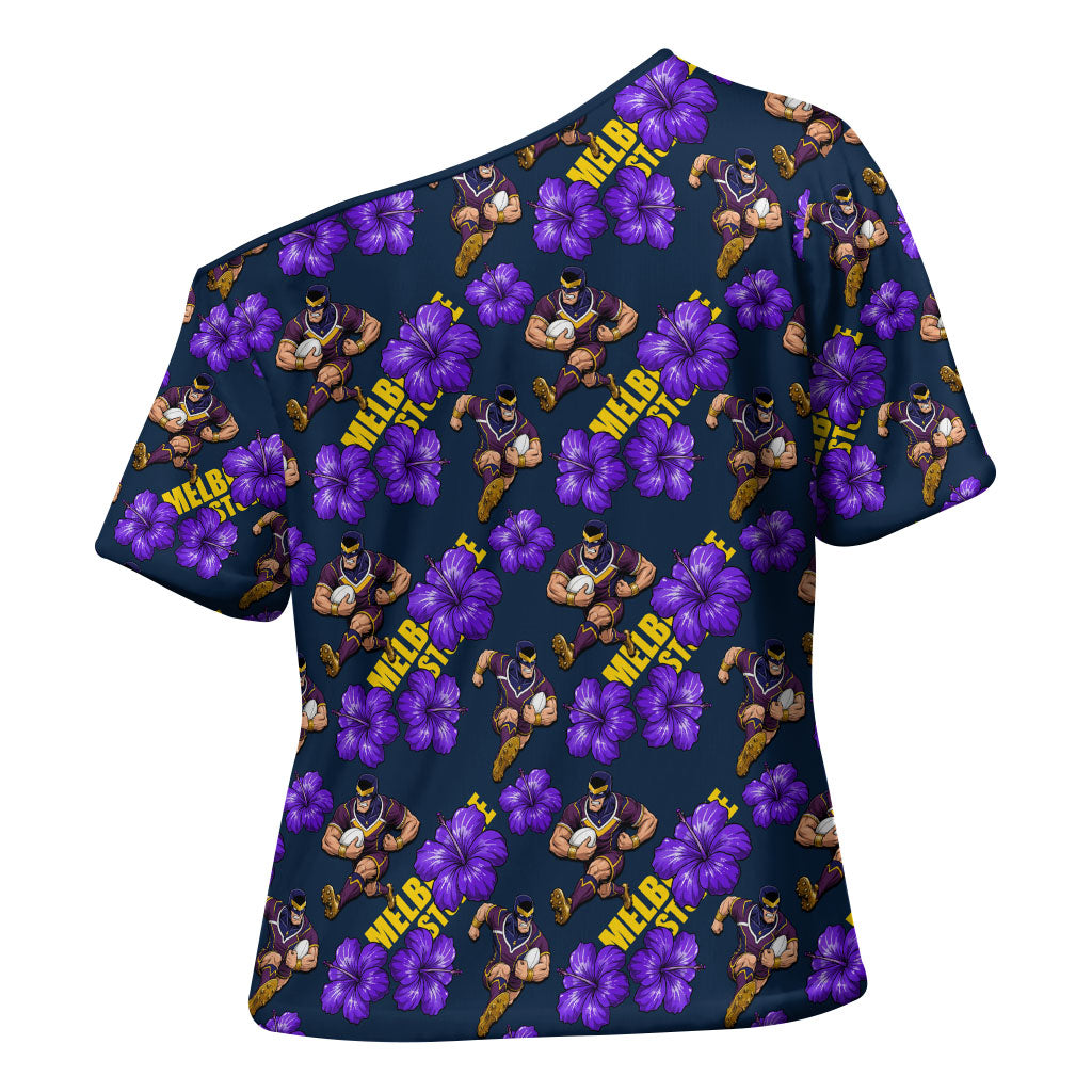 Melbourne Storm Cross Shoulder Shirt Tropical Hibiscus Floral Seamless Rugby Mascot