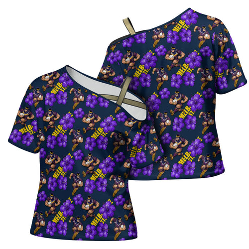 Melbourne Storm Cross Shoulder Shirt Tropical Hibiscus Floral Seamless Rugby Mascot
