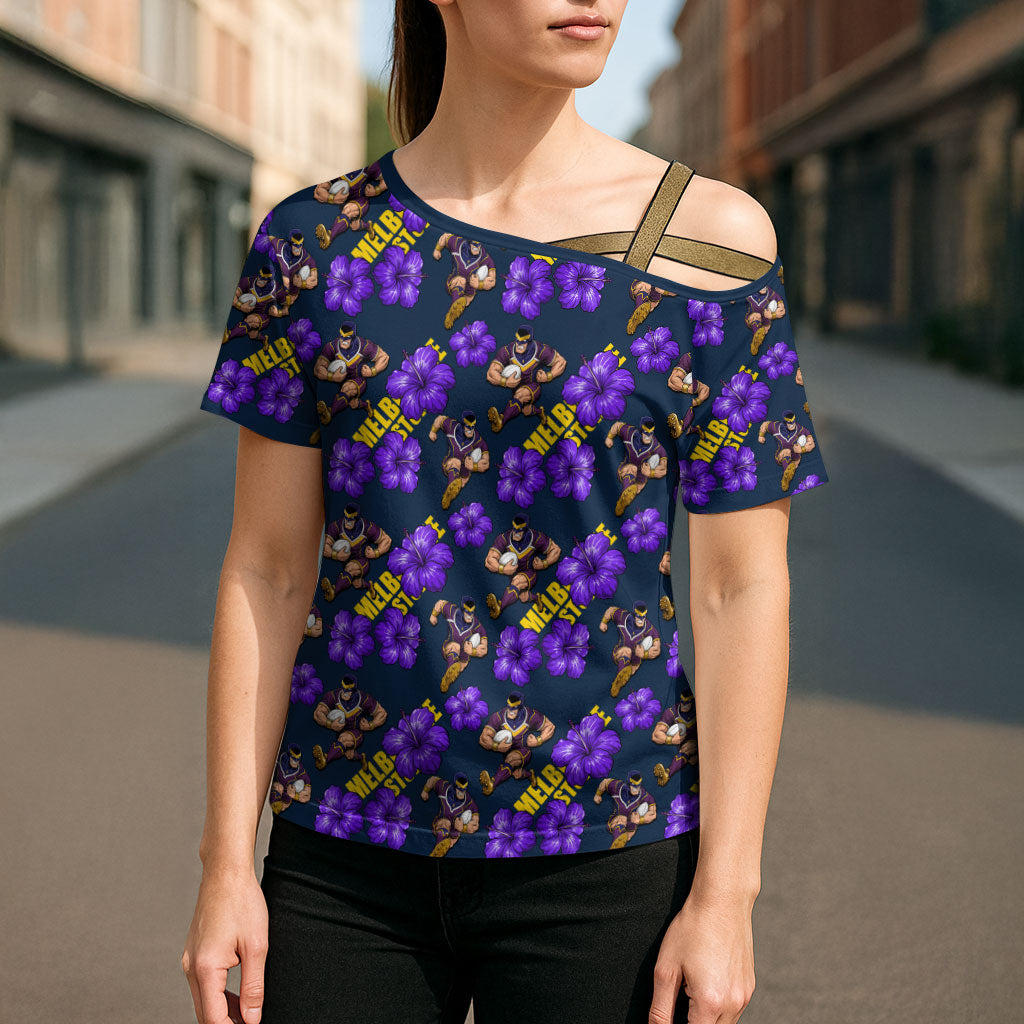 Melbourne Storm Cross Shoulder Shirt Tropical Hibiscus Floral Seamless Rugby Mascot