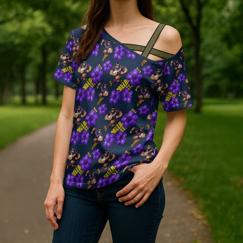 Melbourne Storm Cross Shoulder Shirt Tropical Hibiscus Floral Seamless Rugby Mascot