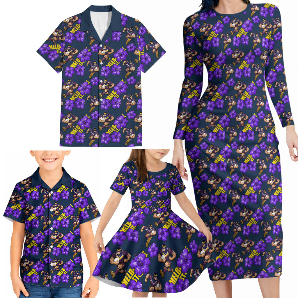 Melbourne Storm Family Matching Long Sleeve Bodycon Dress and Hawaiian Shirt Tropical Hibiscus Floral Seamless Rugby Mascot