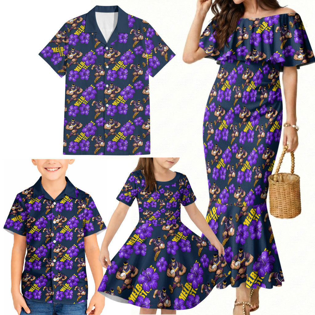 Melbourne Storm Family Matching Mermaid Dress and Hawaiian Shirt Tropical Hibiscus Floral Seamless Rugby Mascot