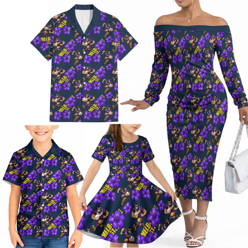 Melbourne Storm Family Matching Off The Shoulder Long Sleeve Dress and Hawaiian Shirt Tropical Hibiscus Floral Seamless Rugby Mascot