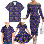 Melbourne Storm Family Matching Off The Shoulder Long Sleeve Dress and Hawaiian Shirt Tropical Hibiscus Floral Seamless Rugby Mascot