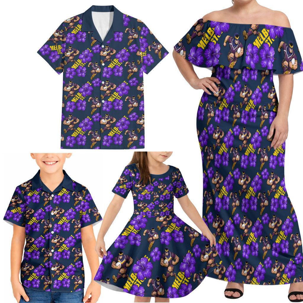 Melbourne Storm Family Matching Off Shoulder Maxi Dress and Hawaiian Shirt Tropical Hibiscus Floral Seamless Rugby Mascot
