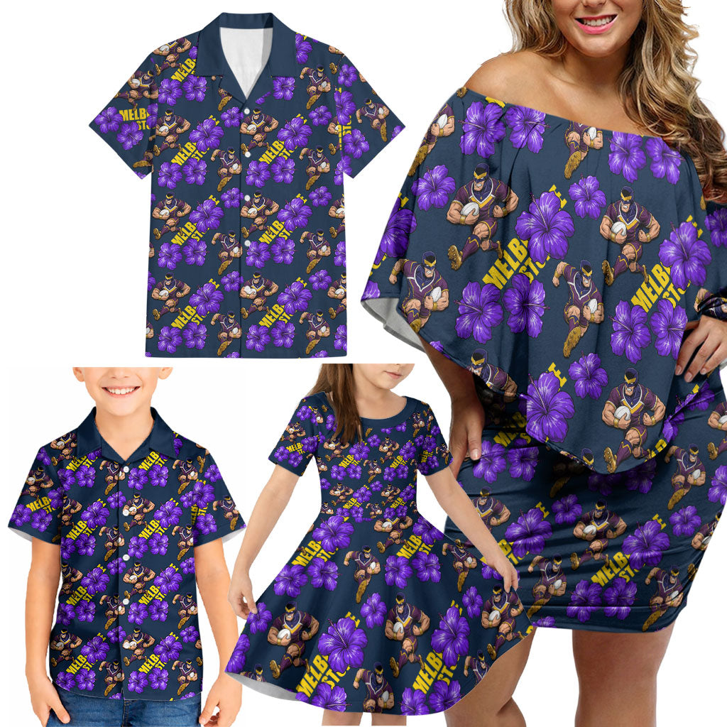 Melbourne Storm Family Matching Off Shoulder Short Dress and Hawaiian Shirt Tropical Hibiscus Floral Seamless Rugby Mascot