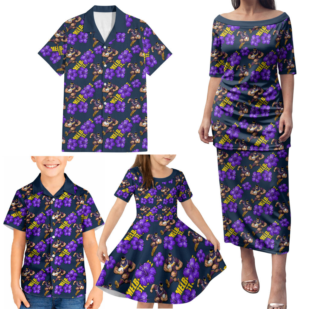 Melbourne Storm Family Matching Puletasi and Hawaiian Shirt Tropical Hibiscus Floral Seamless Rugby Mascot