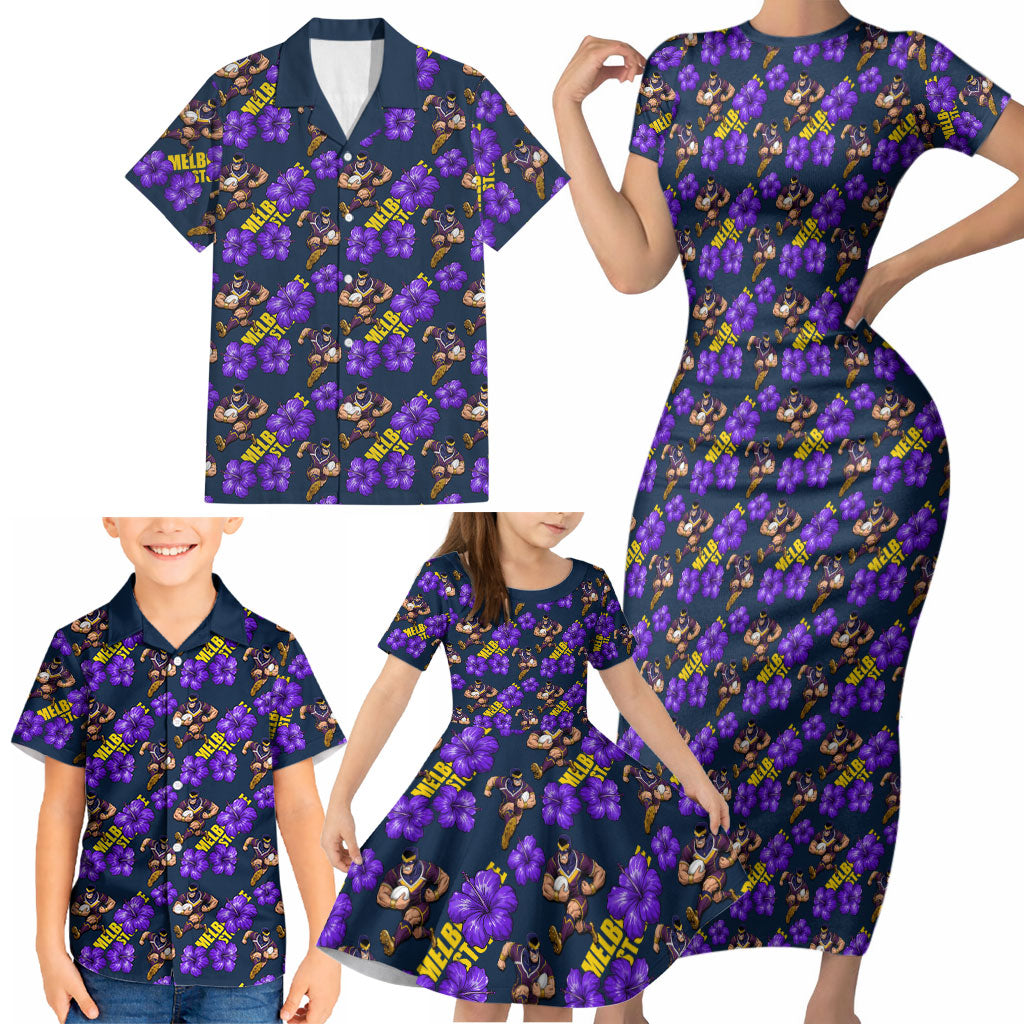 Melbourne Storm Family Matching Short Sleeve Bodycon Dress and Hawaiian Shirt Tropical Hibiscus Floral Seamless Rugby Mascot